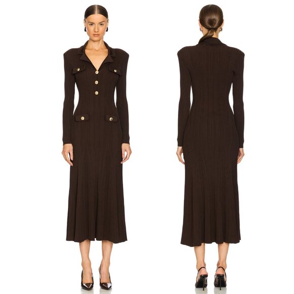self-portrait Viscose Rib Knit Midi Dress in Brown Long Sleeve Medium M